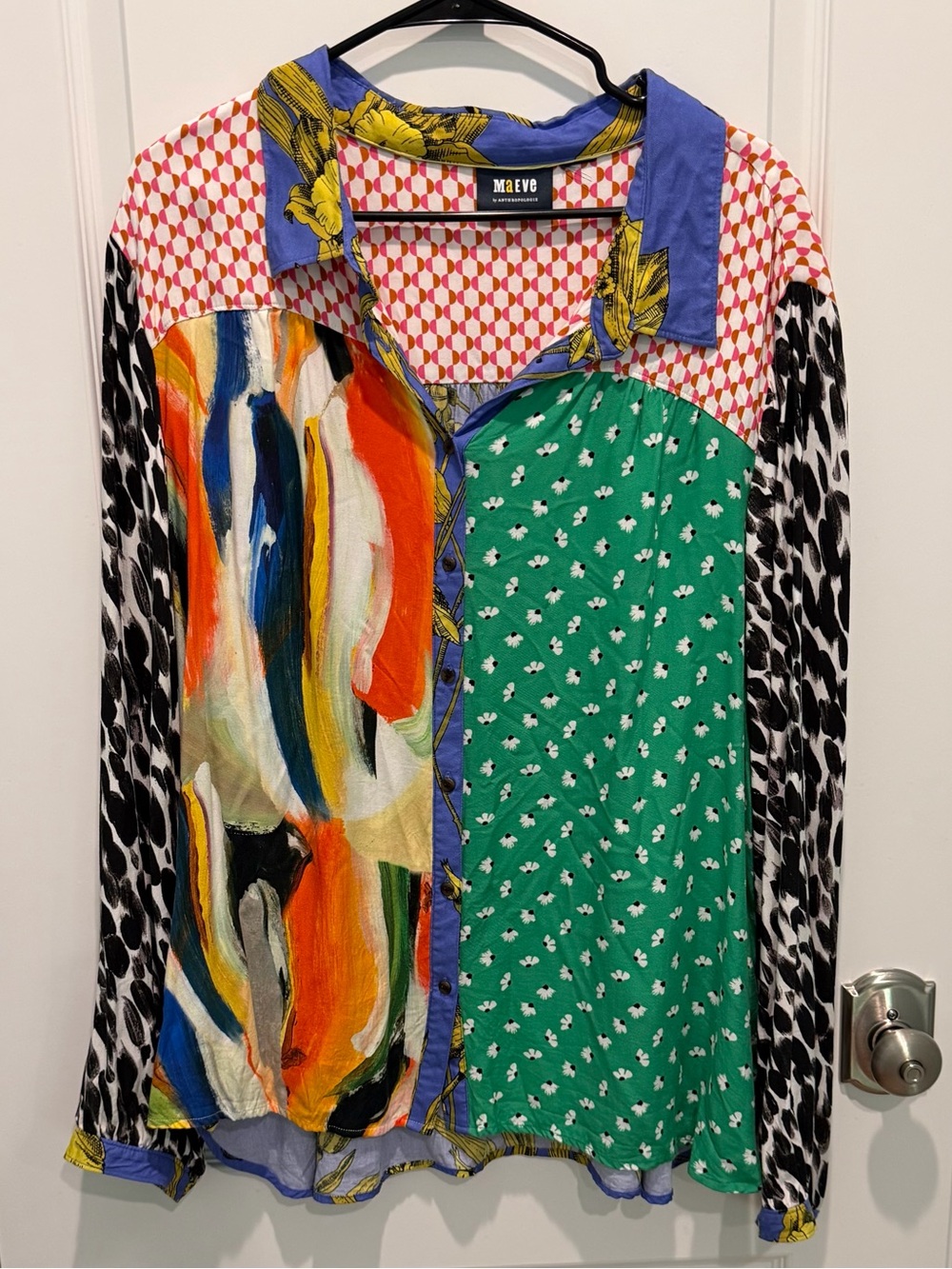 Maeve by Anthropologie Women's Paz Contrast Blouse Colorful Wearable Art XL